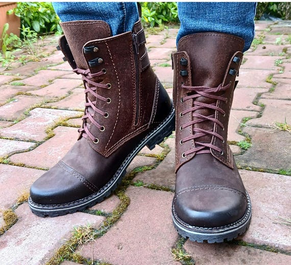 Handmade Leather Boots, Buffalo Vintage Combat Travel Shoes.