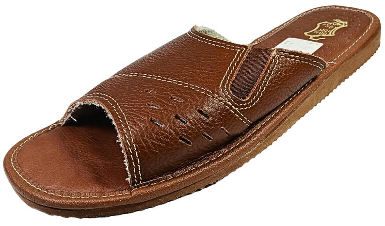 Comfortable leather house shoes with soft lining and durable construction.