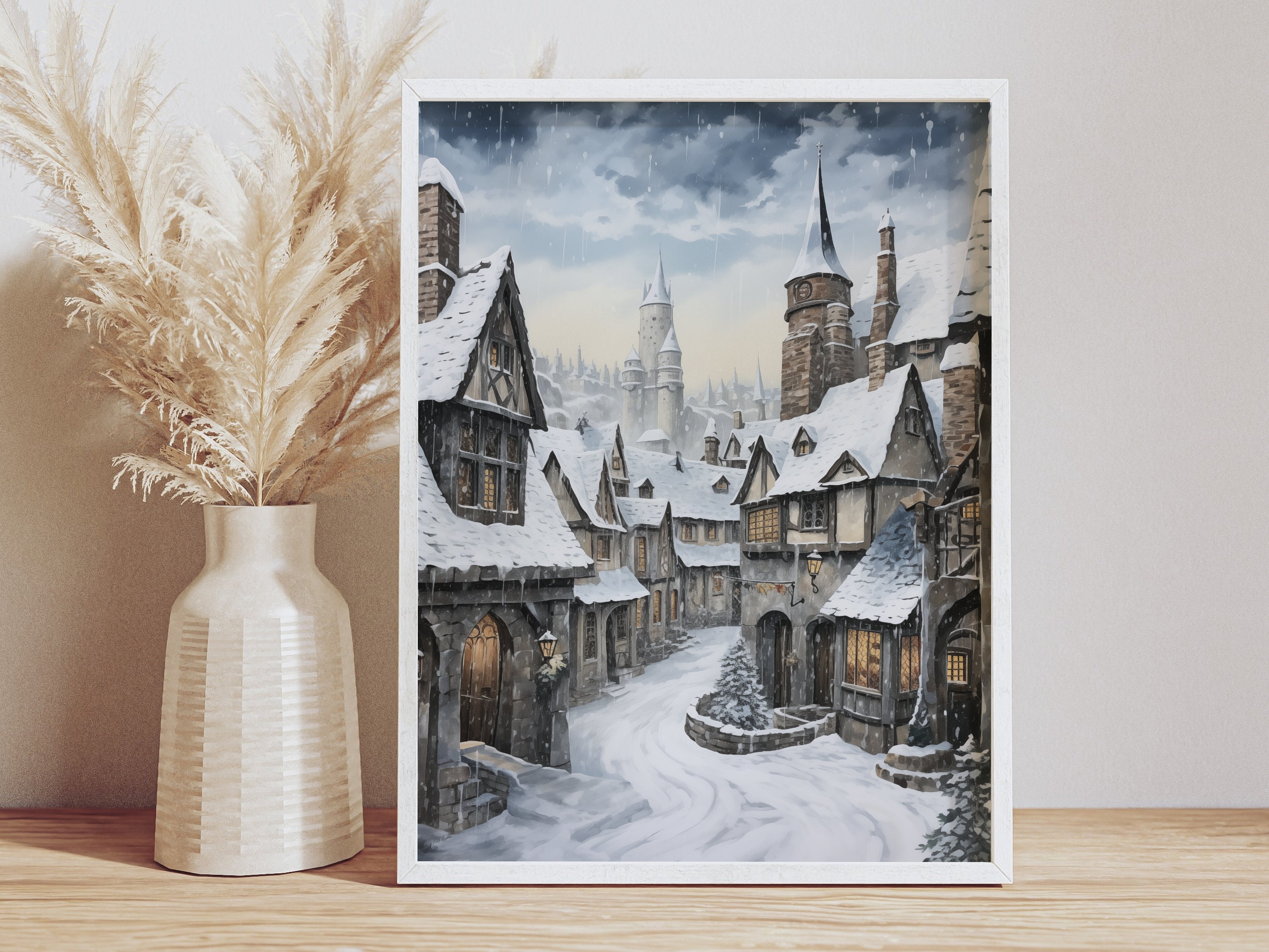 USA Shipping - Wizard Village Christmas Print: Winter Castle Silk ...