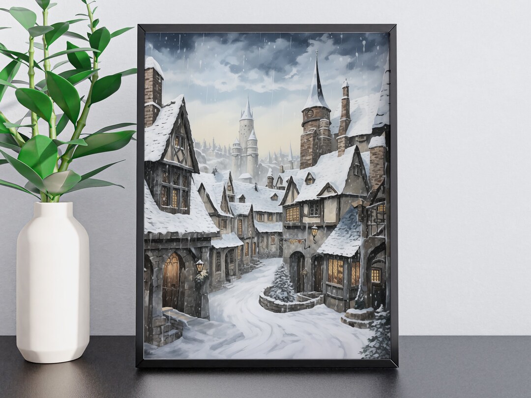 USA Shipping - Wizard Village Christmas Print: Winter Castle Silk ...