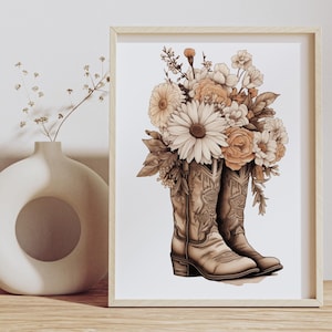 Cowboy Boots and Flowers Print: Western Wall Art, Boho Home Decor