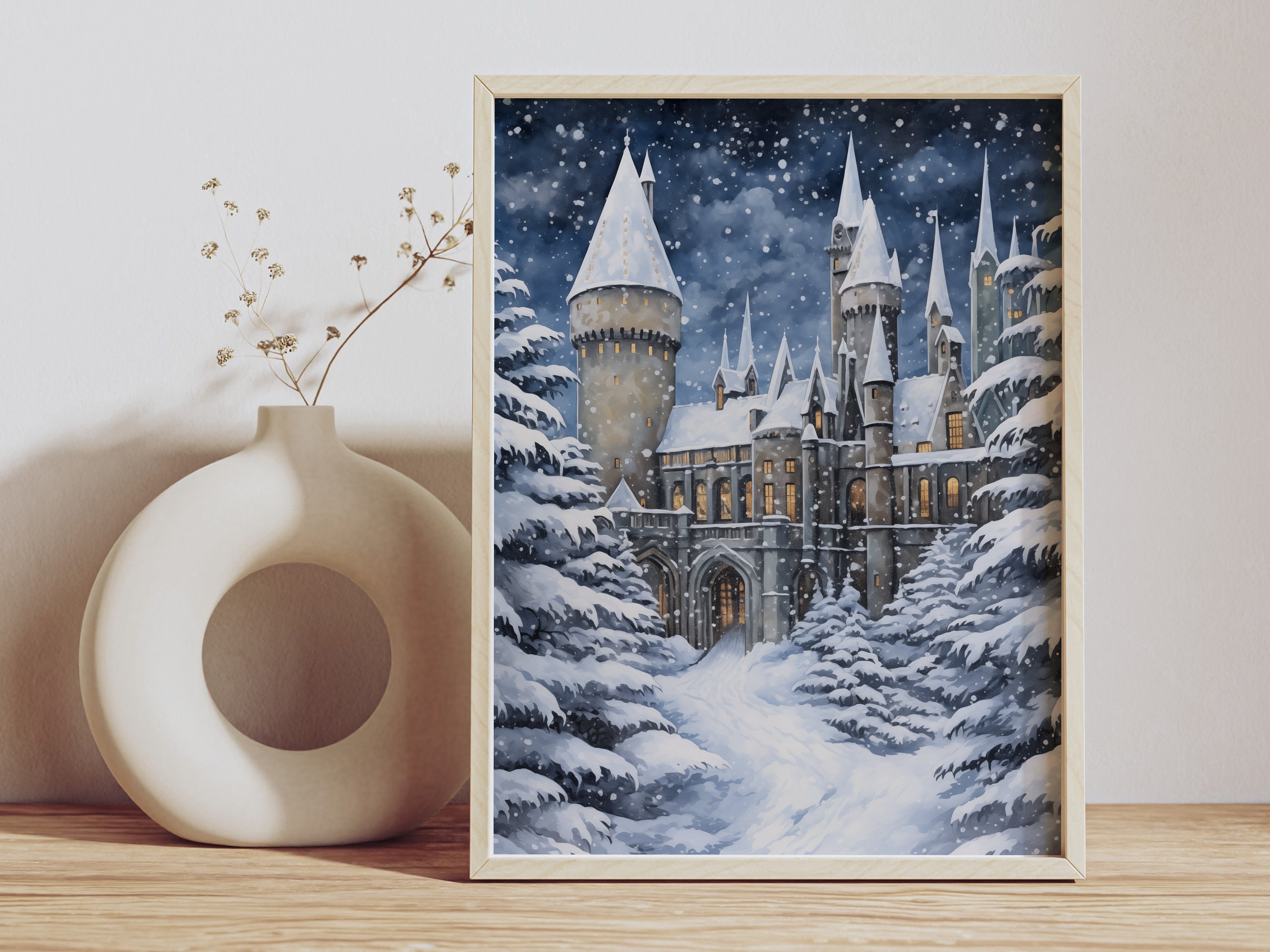 USA Shipping - Wizard Castle at Night Print: Winter Christmas Silk ...