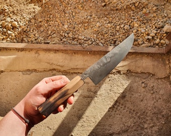 Handgesmeed steakmes, 16,5 cm, 1.2419 staal, zuur geëtst met een handvat van gebrand essen