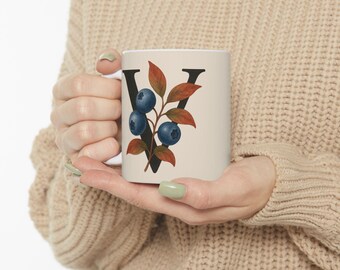 Floral Initial Mug – Personalized Botanical Letter V Cup – Custom Coffee or Tea Gift – Aesthetic Cottagecore Ceramic Mug