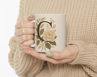 Floral Initial Mug – Personalized Botanical Letter C Cup – Custom Coffee or Tea Gift – Aesthetic Cottagecore Ceramic Mug