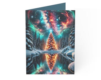 Tarjetas de felicitación con árbol de Navidad de la aurora boreal mágica (1, 10, 30 y 50 unidades)
