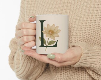 Floral Initial Mug – Personalized Botanical Letter L Cup – Custom Coffee or Tea Gift – Aesthetic Cottagecore Ceramic Mug