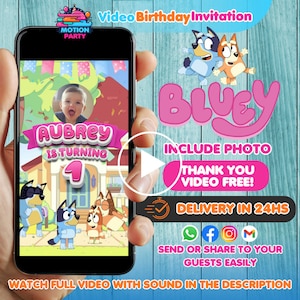 Invito compleanno Bluey ragazza, invito video Bluey rosa, invito Bluey, video invito animato Bluey