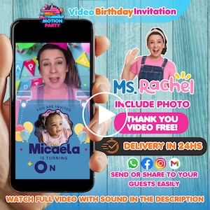May include: A pink and blue birthday invitation video featuring a woman in a pink shirt and a child's photo. The text on the video says "You are invited" and "Micaela is turning one". The video is available for delivery in 24 hours.