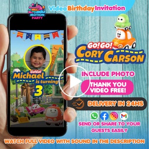 May include: A digital birthday invitation featuring a cartoon image of Go! Go! Cory Carson characters. The invitation includes a photo placeholder and the text "Go! Go! Cory Carson", "Include Photo", "Thank You Video Free!" and "Delivery in 24hs".