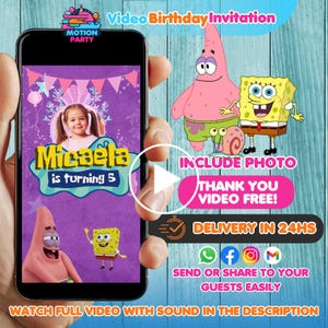 Sponge Bob verjaardagsuitnodiging, Sponge Bob video-uitnodiging, Sponge Bob uitnodigen, Sponge Bob geanimeerde video uitnodigen