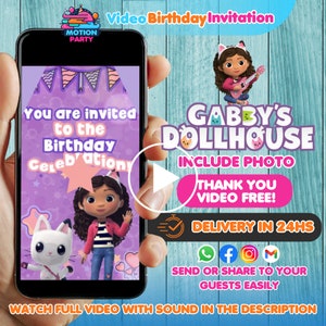 Gabby Dollhouse verjaardagsuitnodiging, Gabby Dollhouse Video uitnodiging, Gabby Dollhouse uitnodigen, Gabby Dollhouse geanimeerde uitnodigen Video