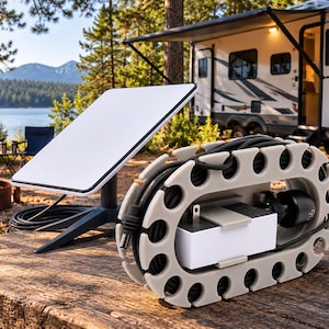 May include: A white rectangular satellite internet antenna on a black stand, positioned next to a beige plastic cable organiser holding a black power cord and a white power brick, all resting on a weathered wooden surface outdoors.