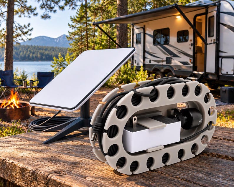 May include: A white rectangular satellite internet antenna on a black stand, positioned next to a beige plastic cable organiser holding a black power cord and a white power brick, all resting on a weathered wooden surface outdoors.