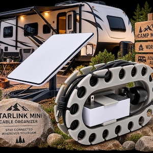 May include: A light grey, oval-shaped cable organiser with notched edges, holding a black power cord and a white power adapter. The organiser features the text STARLINK MINI CABLE ORGANISER and STAY CONNECTED WHEREVER YOU ROAM on a rock-like surface.