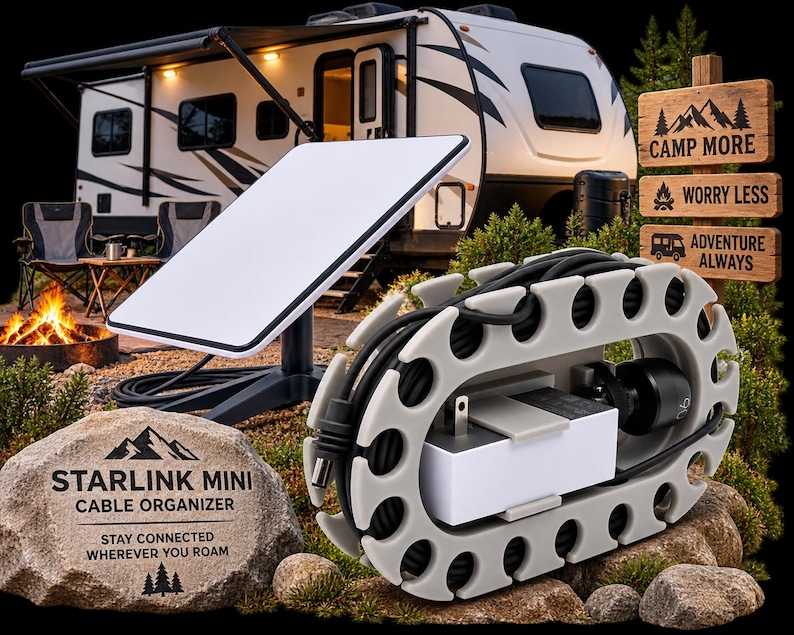 May include: A light grey, oval-shaped cable organiser with notched edges, holding a black power cord and a white power adapter. The organiser features the text STARLINK MINI CABLE ORGANISER and STAY CONNECTED WHEREVER YOU ROAM on a rock-like surface.