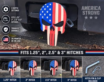 Punisher Skull Hitch Cover, American Flag Skull Trailer Hitch Cover, USA Patriotic Truck Hitch Plug, 2 2.5 3 Inch Receiver, Jeep RV Gift