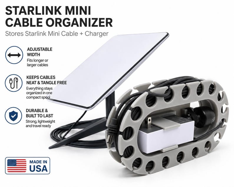 May include: A grey plastic Starlink Mini cable organiser spool holding a white power adapter and black cable, positioned next to a Starlink Mini satellite dish on a stand. Text includes STARLINK MINI CABLE ORGANISER and MADE IN USA.