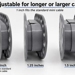 May include: Three grey adjustable cable organisers shown in different widths. Text reads: Adjustable for longer or larger cables, 1 inch fits the standard mini cable, 1 inch, 1.25 inches, 1.5 inches. Each organiser has a circular side with holes.