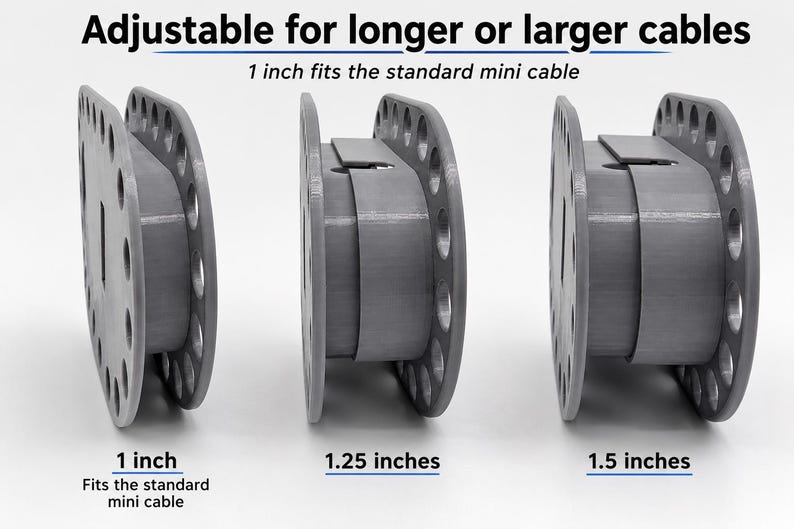 May include: Three grey adjustable cable organisers shown in different widths. Text reads: Adjustable for longer or larger cables, 1 inch fits the standard mini cable, 1 inch, 1.25 inches, 1.5 inches. Each organiser has a circular side with holes.