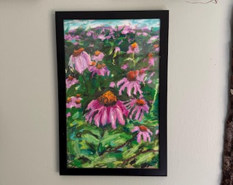 Disegno originale a pastello di echinacee viola, arte murale floreale ispirata alla natura.