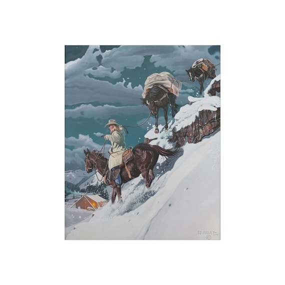 Cowboy and Packhorses in Snow Poster | Western Fine Art Print