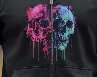 Skull zip up Unisex Heavy Blend Full Zip Hooded Sweatshirt hoodie Trippy Watercolor Long Sleeve Tee, Dripping AI Made Design Dark Style Edgy