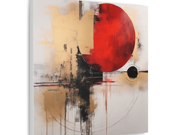 Abstracte muurkunst - zwart en goud, schilderij rode zon, canvas gallery wraps, canvas gespannen, kamerinrichting abstracte vorm, verfspatten,