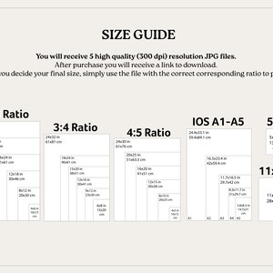 May include: A size guide chart with various aspect ratios and dimensions in inches and centimeters. The guide includes ratios like 2:3, 3:4, 4:5, and 5x7, along with IOS A1-A5 sizes. Text on the chart explains file resolution and download instructions.
