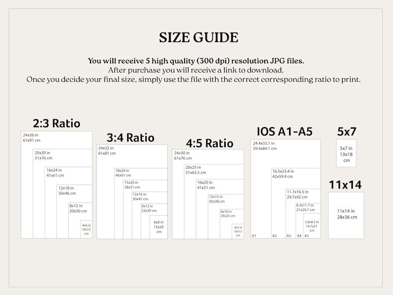 May include: A size guide chart with various aspect ratios and dimensions in inches and centimeters. The guide includes ratios like 2:3, 3:4, 4:5, and 5x7, along with IOS A1-A5 sizes. Text on the chart explains file resolution and download instructions.