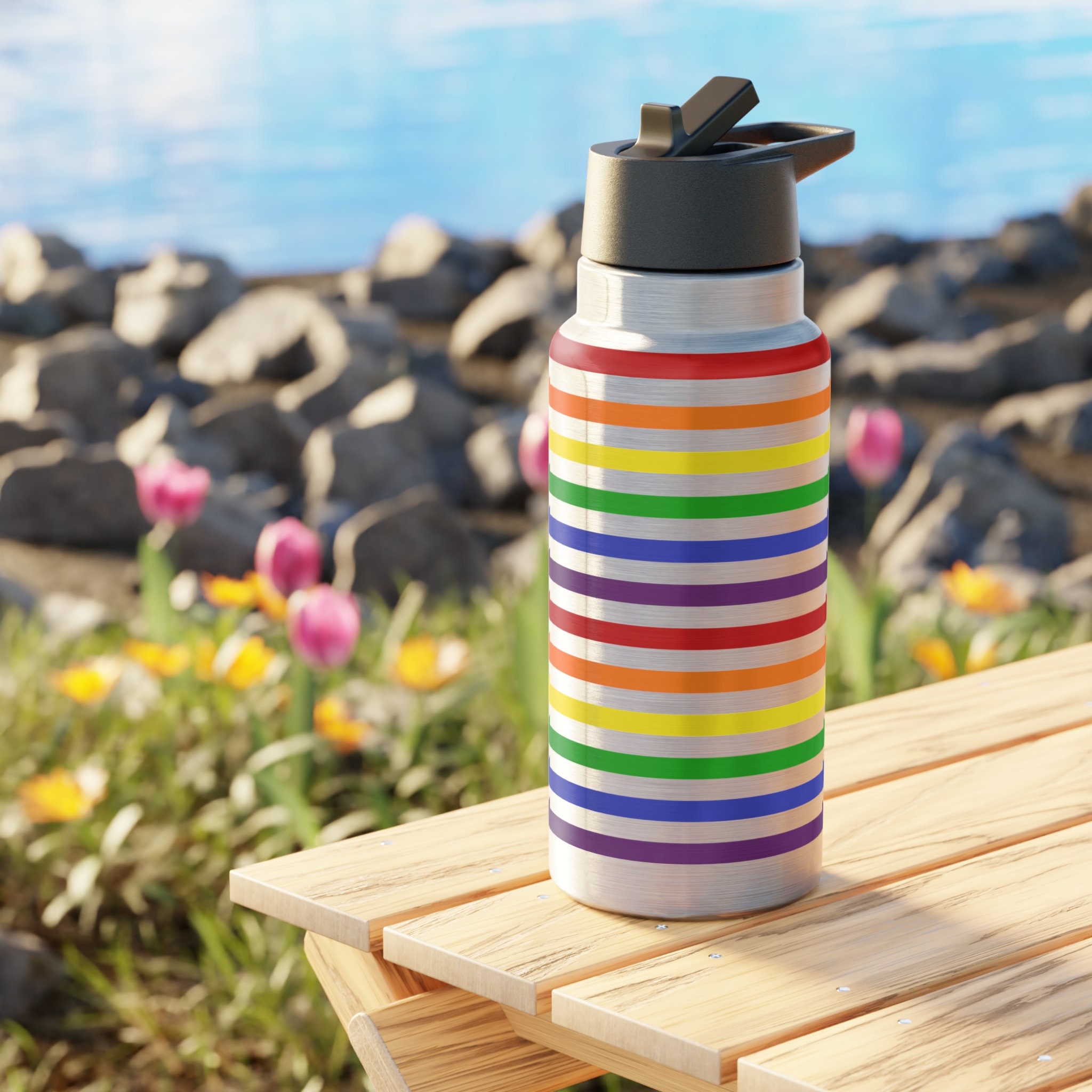 Curated visual reference: High Quality Stripe Water Bottle Reference: Rainbow Striped Water Bottle Pride Insulated Water Bottle Lgbtq
