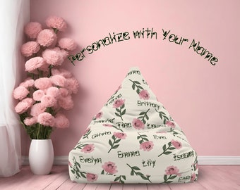 Floral Bean Bag Chair, Personalize with Your Name, Customize Your Coquette Style, Personalized Name Bean Bag Chair Cover.