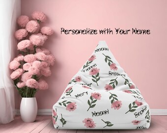 Floral Bean Bag Chair, Personalize with Your Name,  Customize Your Coquette Style, Personalized Name Bean Bag Chair Cover.