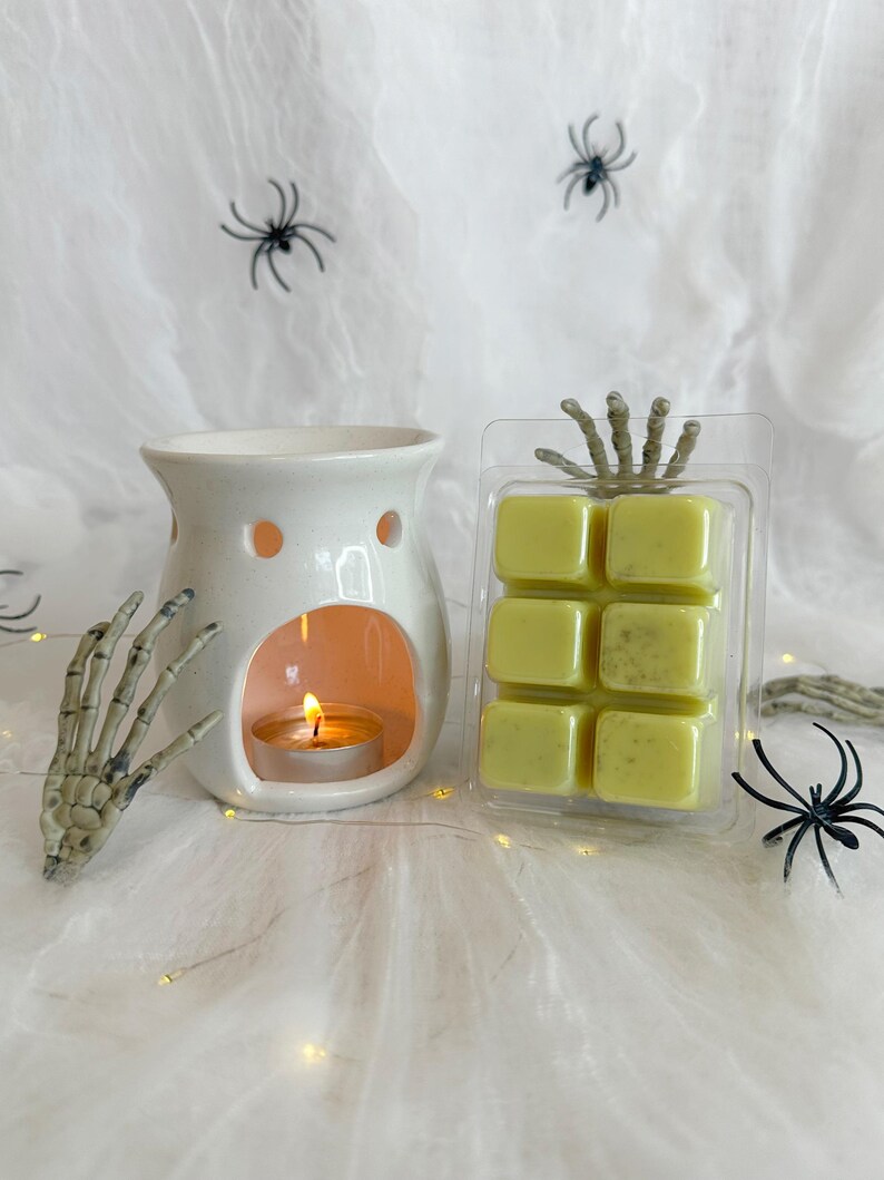 May include: A white ceramic wax warmer with a lit tealight candle inside, next to a package of six green wax melts. Decorative skeleton hand and spider accents are placed on a white web-like background, creating a Halloween theme.