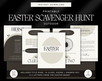 Easter Egg Outdoor Scavenger Hunt | Easter Treasure Hunt For Kids | 12 Clues with Puzzles + Riddles | Printable | Neutral + Minimalistic