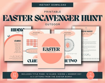 Easter Egg Outdoor Scavenger Hunt | Easter Treasure Hunt For Kids | 12 Clues with Puzzles + Riddles | Printable | Colorful + Retro