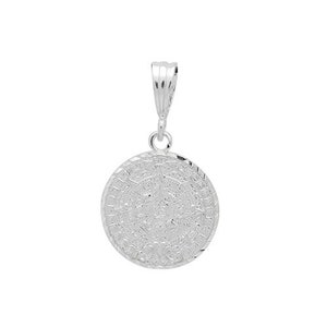 May include: Silver pendant featuring a circular design with intricate details. The pendant has a bail for attaching to a chain.