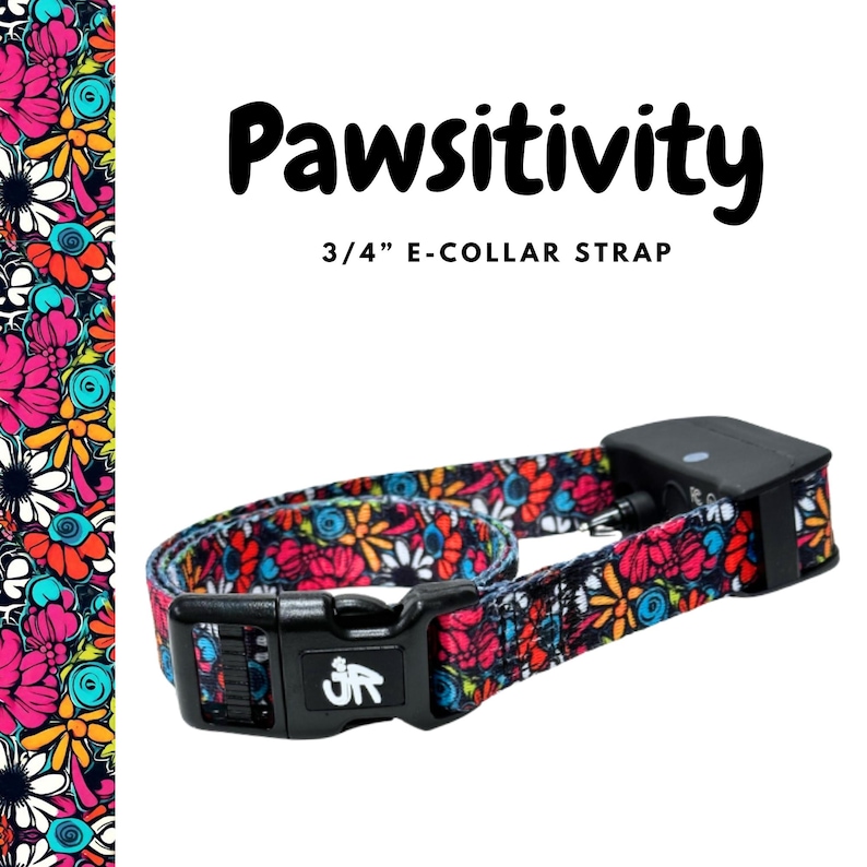 Colorful floral 3/4-inch Pawsitivity e‑collar replacement strap on black receiver, adjustable polyester dog training band.