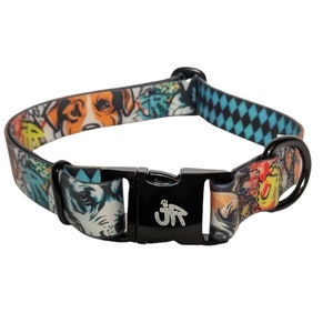 May include: A black and colorful dog collar with a black buckle and a silver JR logo. The collar has a pattern of dogs and a blue and black diamond pattern.