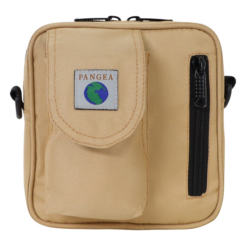 May include: A tan canvas crossbody bag with a zipped pocket on the front. The bag has a black zipper and a black strap. The bag has a patch on the front that says "PANGEA" with a globe logo.
