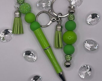 Beaded Pen and Keychain Set Girls Boys Easter Gift Neon Green St Patrick’s Basket Stuffer Cute for BFF Birthday Present Bling