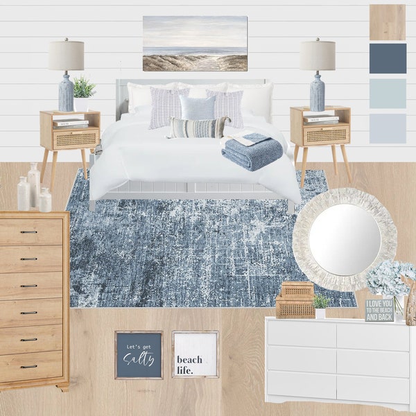 Oceana Coastal Bedroom Design with Shopping List | Virtual Interior Design | Room Design | Nautical Room | Predesigned Room | Coastal Decor