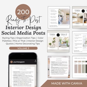 Vol 3 | 200 Interior Design Instagram Posts | Interior Designer IG Post Templates | Minimalist Canva | Neutral | Editable | Social Media