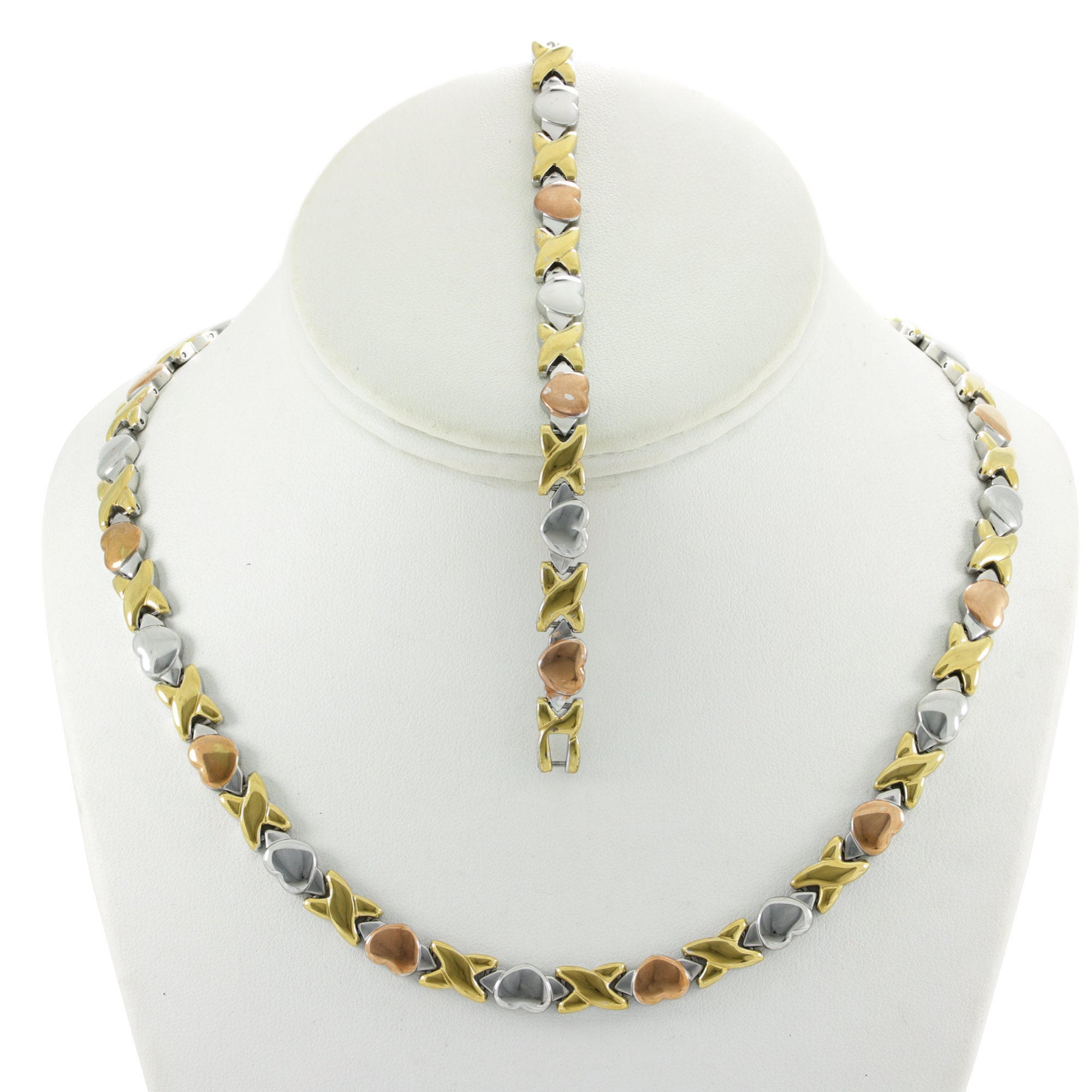 Sparkle XOXO Stainless Steel 3-Tone Hugs And Kisses Necklace & Bracelet Set For Women