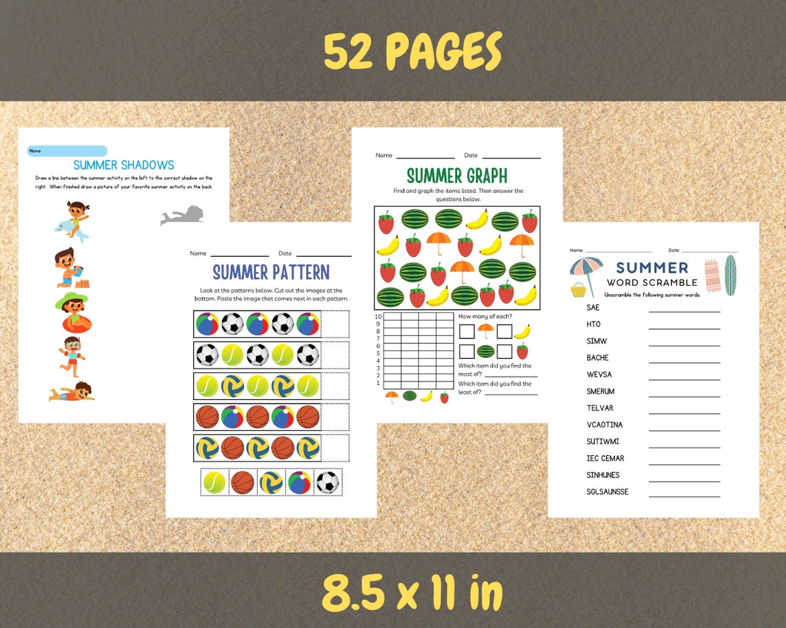Printable Kids Summer Activity Book, 52 Pages Kids Camp Coloring Pages, 8.5 X 11 Preschool ...