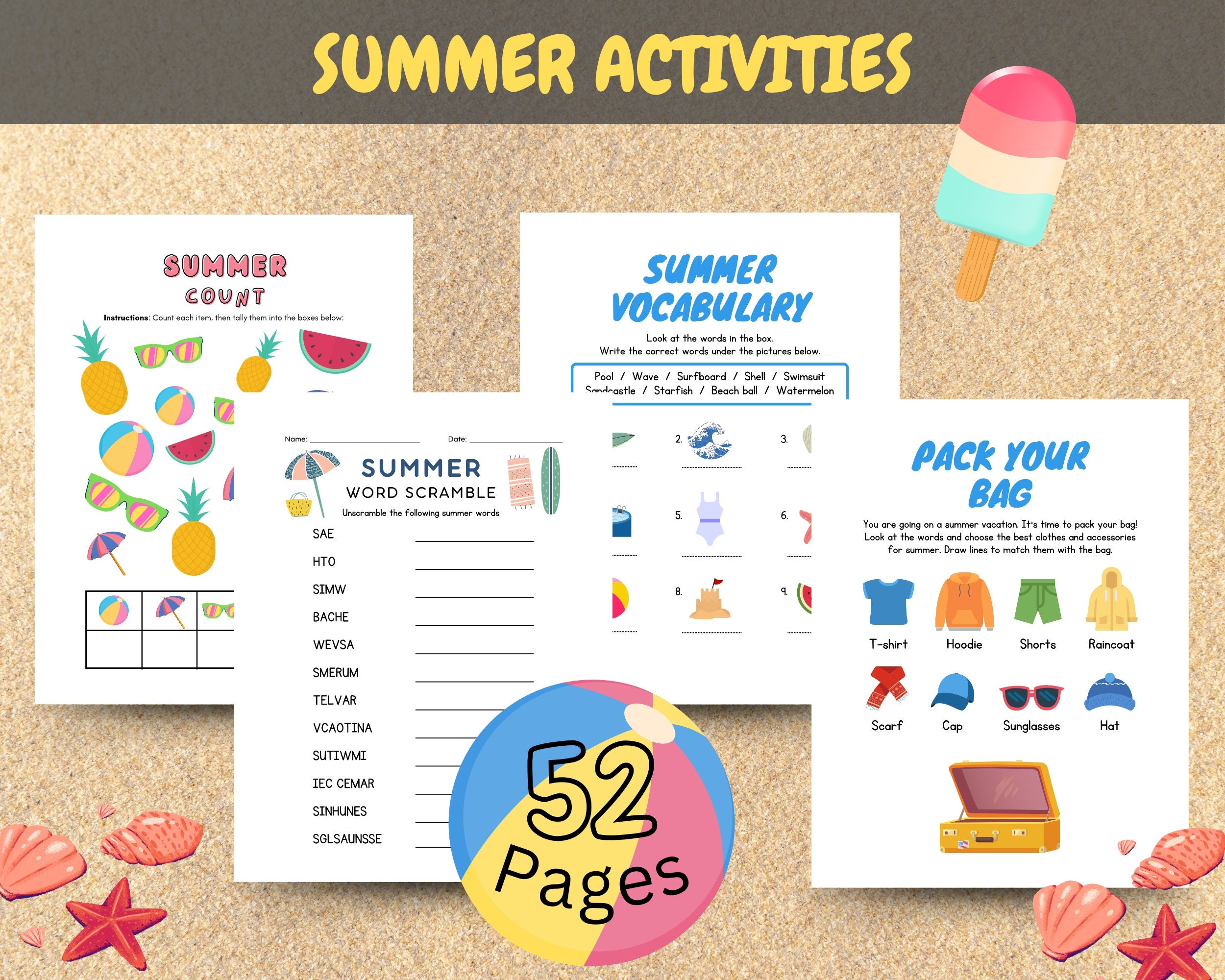 Printable Kids Summer Activity Book, 52 Pages Kids Camp Coloring Pages, 8.5 X 11 Preschool ...