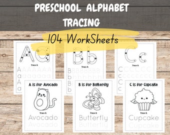 26 alfabet tracering werkblad, A-Z letters leerblad, voorschoolse handschrift oefenpagina's, kleuterschool afdrukbare kleurwerkmap