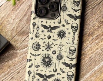 Mystical Alchemy Inspired Phone Case, Occult Sun Moon Skull Design, Unique Witchy Aesthetic, Vintage Esoteric Art Case