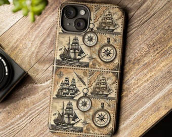 Étui de téléphone vintage boussole de bateau nautique, étui de carte maritime antique pour iPhone, Samsung et Google Pixel, étui de téléphone cadeau pour amateur de bateau
