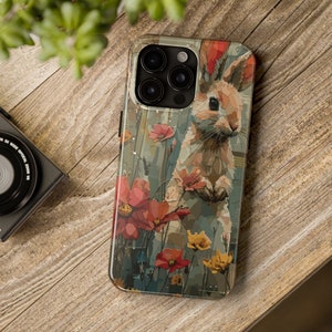 iPhone-hoesje rustiek konijn, vintage beschermhoes krantenpapier konijn met bloemen, uniek telefoonaccessoire natuur natuurkunst